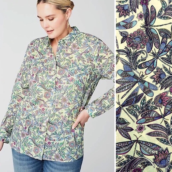 J. Jill One Pocket Shirred Back Button Up Shirt Key Lime Whimsical Dragonflies M - Picture 1 of 9